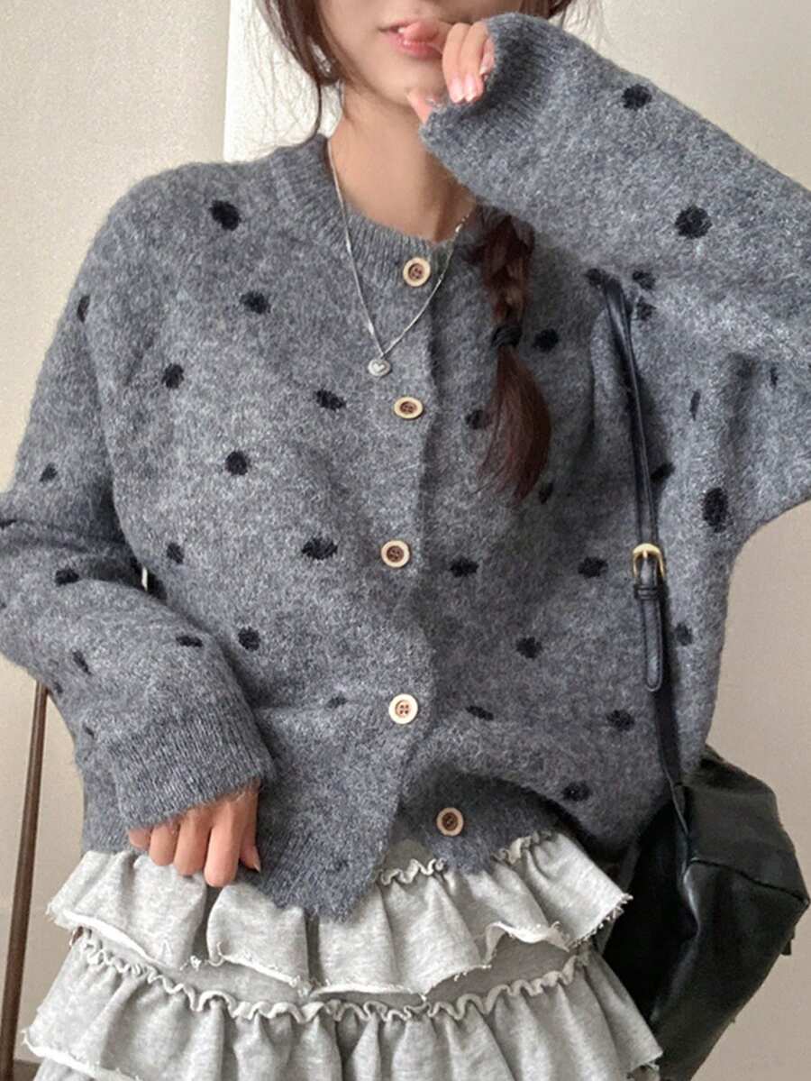 Jaket Kardigan Motif Polkadot Gaya Korea, Potongan Longgar, Lembut, Nyaman, dan Santai, Jaket Sweater dengan Tambal Sulam Acak - Grey - View 1