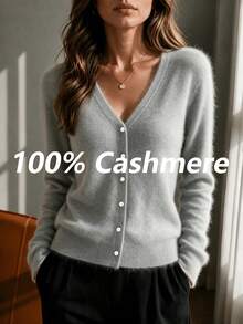 HEYMINI 100% Cashmere Women's Comfortable Grey V-Neck Knit Cardigan, Slimming Long Sleeve Sweater For Commuting, Suitable For Autumn/Winter - Grey - View 1