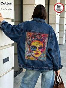 Women's Denim Jacket, 80s American Graphic White Ink Direct-To-Garment Print, Vintage Washed Loose Fit Denim Jacket - Dark Denim Blue - View 9