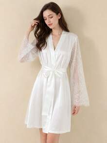 Women's Embroidered Satin Robe, Lace Flared Sleeve Wedding Morning Robe, Bridal Bathrobe For Home - White - View 2