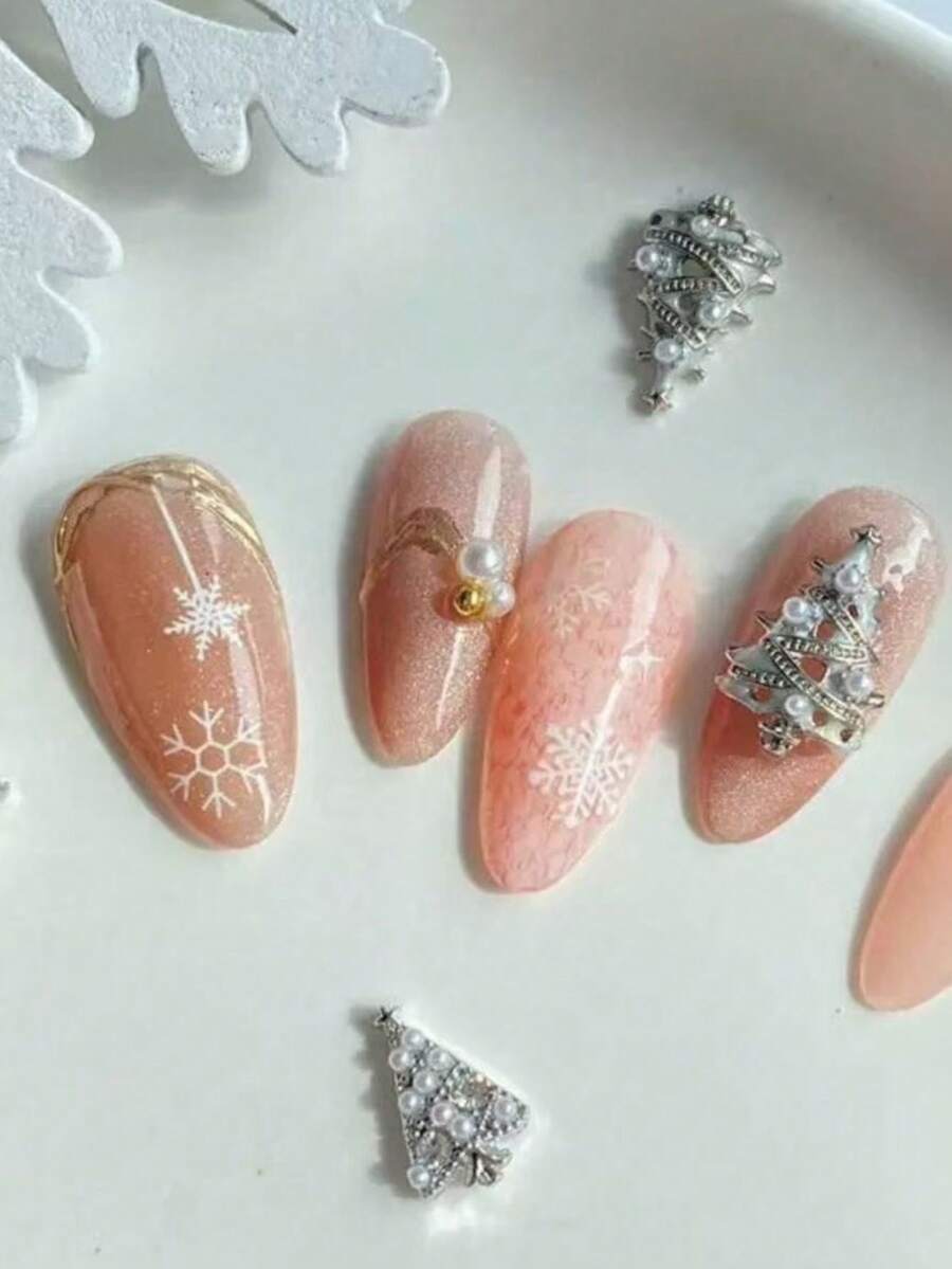 4pcs Fall Autumn Christmas 3D Christmas Tree Nail Art Metal Charms, Inlaid With Rhinestones & Faux Pearls, Luxury Texture, Festive Atmosphere Nail Decor, Fingernail DIY Decoration, Salon Style Versatile Nail Accessories - Multicolor - View 1