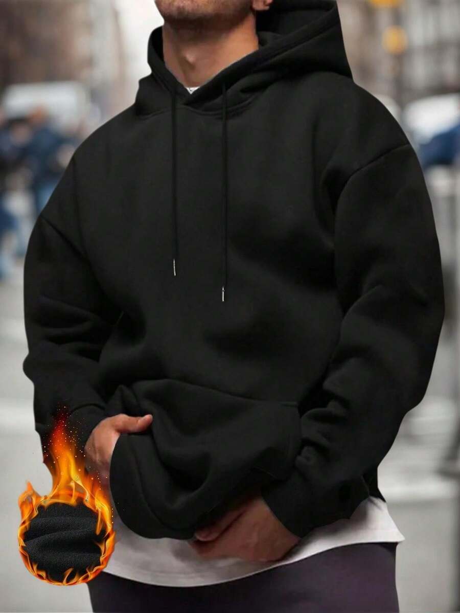Autumn/Winter New Hooded Sweatshirt Solid Color Minimalist Casual Thermal Lined Dark Gray Hoodie For Men - Black - View 1