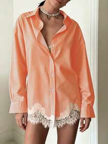 Women's Fashion Shirt Collar Long Sleeve Contrast Color Lace Button Front Regular Fit Top, Suitable For Autumn Wear - Orange - View 6