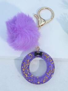 Minimalist Cute Initial Keychain A-Z Women's Bag Charm Black Bow Purple Pom Pom Key Chain Daily Wear Gift Accessory - Purple - View 18