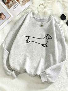 Women's Casual Crew Neck Sweatshirt, Decorated With Minimalist Black Line Dachshund Print, Simple And Versatile, Suitable For Daily Wear - Light Grey - View 4