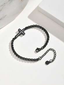 1pc Gothic Style Stainless Steel Square Pearl Chain Zirconia Cross Bracelet Men's Black, Punk Style Halloween Gift, Jewelry - 2766 - View 4