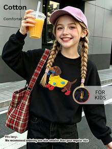 Kids Crew Neck Sweatshirt, Felt‑Style Dachshund In Raincoat Graphic Print Fleece Lined Warm Cotton Pullover For Kids - Black - View 3