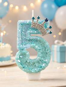 1pc Ice Blue Glitter Number Birthday Candle 0-9, Luxury Crown Style, Suitable For Girls' First Birthday Party, Princess Theme Cake Decoration, Kids Dessert Decoration - Ice Blue - View 4