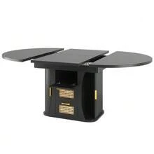 Extendable Dining Table With Storage, 118–158 Cm Table With Rattan Drawers, MDF Wood Effect, Black/Natural Wood/Brown - Black - View 7