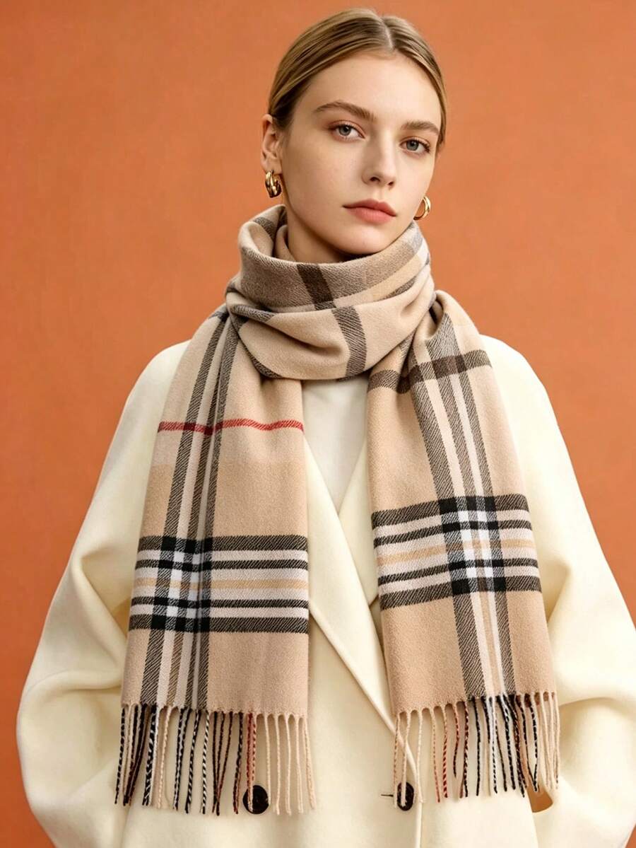 1pc Universal Multicolor Plaid Tassel Knit Scarf, Warm And Fashionable, Suitable For Autumn/Winter, Unisex - Multicolor - View 1