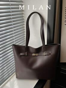 Casual Handheld Underarm Tote Bag, Solid Color, Cross-Border 2026, Large Capacity PU, Women's Fashion Minimalist Shoulder Bag - Coffee - View 2