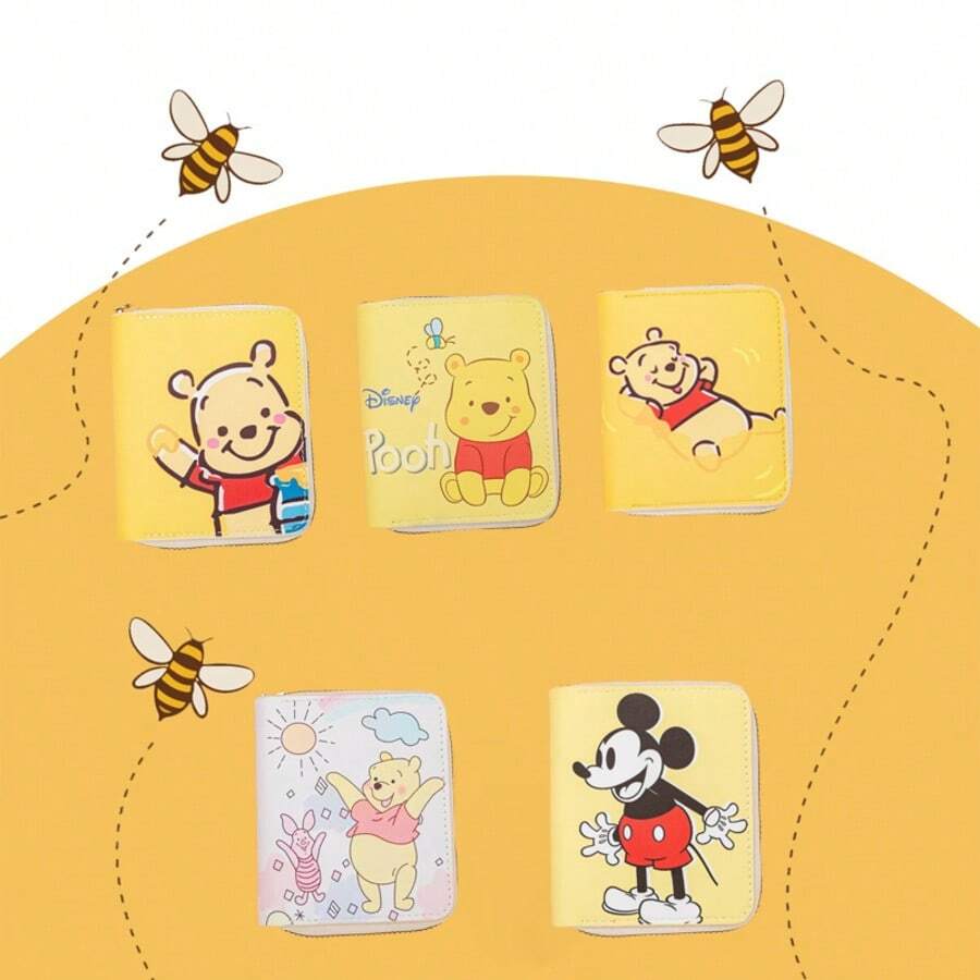 Mesuca Cute Zipper PU Leather Short Wallet, Kawaii Cartoon Print Yellow Multi‑Color Square Coin Purse - Multicolor - View 1