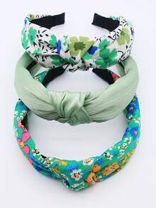 3pcs/Set Women's Green Floral Solid Color Fabric Wide Band Knotted Headband, Elegant & Sweet, Suitable For Daily Wear - Green - View 6