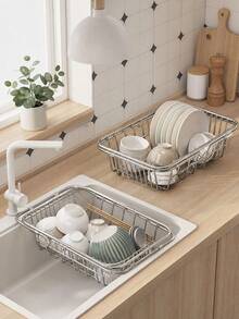 1pc Expandable Rustproof Stainless Steel Over Sink Dish Drainer Basket, Adjustable Telescopic Kitchen Sink Storage Rack, Dish Drying Holder For Plates, Bowls, Chopsticks & Tableware, Space Saving Kitchen Counter Organizer Home Gadget - Multicolor - View 11