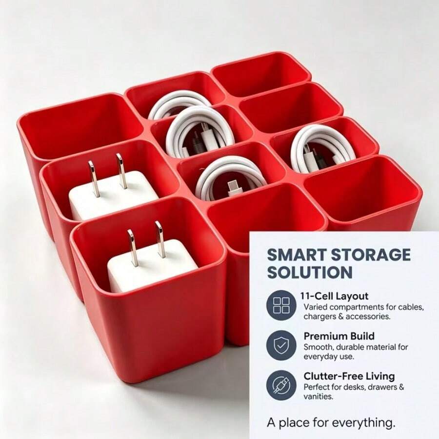 New 11-Compartment USB Cable Organizer/Tray, An Essential Accessory For Organizing Electronic Devices, A Desktop Drawer-Style Cable Organizer Suitable For Home And Office Use.