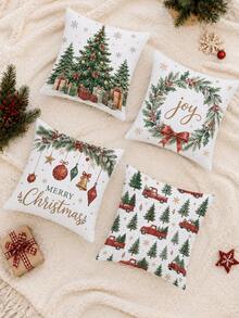 Christmas Minimalist Christmas Tree Pattern Cushion Cover 4pcs Set, Single-Sided Printed Peach Skin Velvet Polyester Material, 45*45CM Pillowcase For Modern Fabric Sofa Indoor Decor, Party Decoration, Gift Giving - Multicolor - View 7
