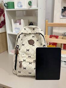 Women Sweet Bow Print Corduroy Backpack, Pink Quilted Diamond Pattern Large Daypack Multi‑Zipper Pockets Casual Rucksack For Teen Girls School - Multicolor - View 4
