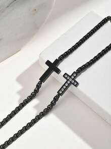 1pc Gothic Style Stainless Steel Square Pearl Chain Zirconia Cross Bracelet Men's Black, Punk Style Halloween Gift, Jewelry - 2766 - View 3