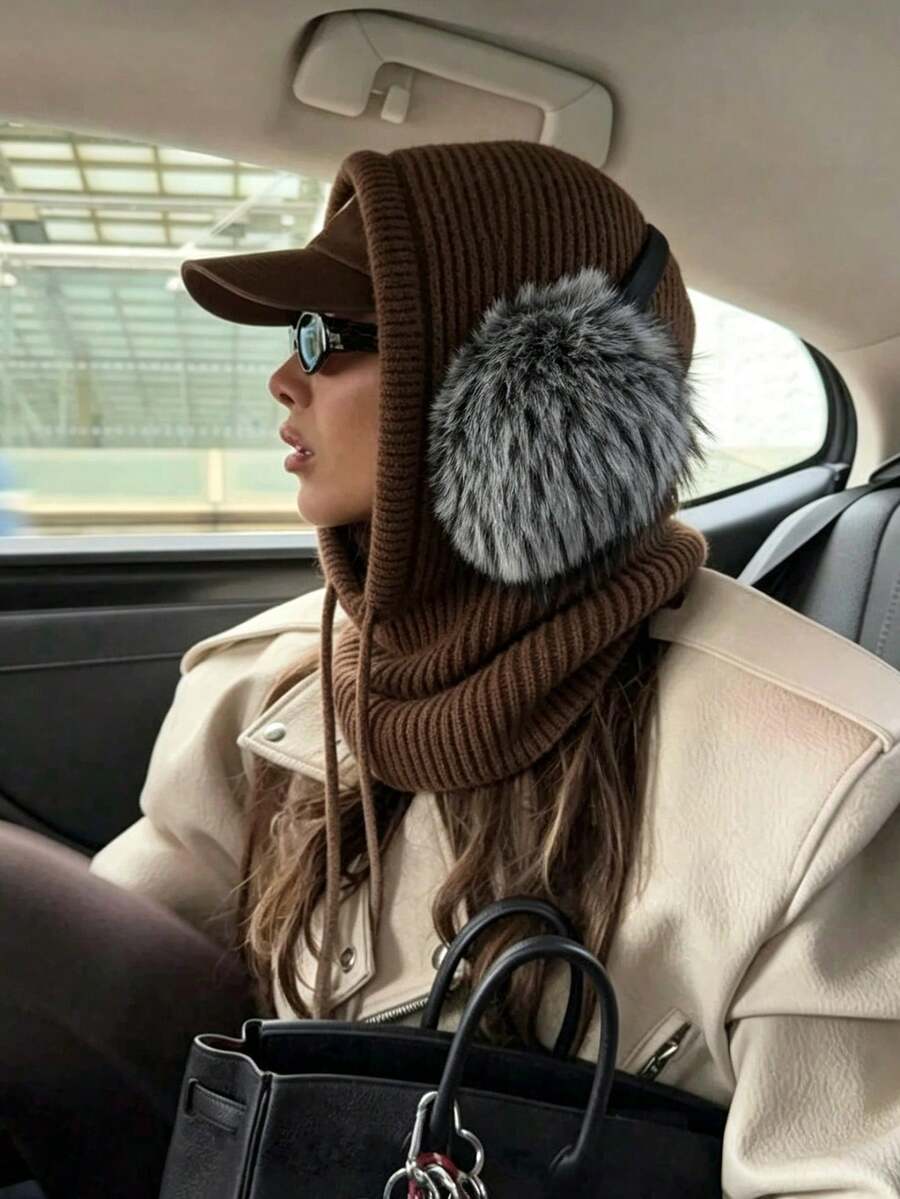 OBOVAY 1件/2件女款抽繩假領羊毛拉法帽，戶外滑雪保暖針織面部與頸部防護面罩帽，保暖小披肩帽，適合冬季防寒