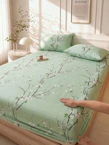 1pc Green Plum Blossom Pattern Fitted Sheet, Mattress Protector, Mattress Cover, Fitted Sheet, Soft And Breathable, Fits All Bed Sizes - Twin, Full, Queen, King, Deep Pocket Up To 11.8 Inches, Machine Washable. Back To School Dorm Essential - Pastel Green - View 4