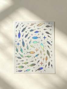 1pc Decor Stickers With Tweezer, Stickers For Laptop, Holographic Iridescent Fish & Star Motif, Aesthetic Ocean‑Style Ornamental Decals, For Phone Case, Camera, Tumbler, Gift Card Decoration - Laser Fish School - View 5
