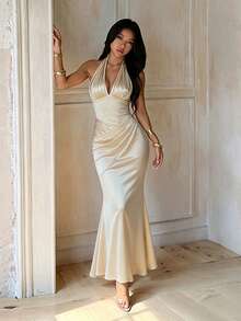 1pc Solid Color Elegant Knitted Fabric Dress For Wedding Autumn - Champagne - View 1