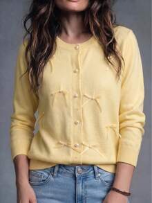BYGOUBY Cardigan Rajut Polos dengan Pita, Lengan Panjang, Gaya Musim Gugur/Dingin - Kuning - View 2