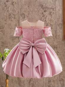 Gaun Pesta Ulang Tahun Anak Perempuan Model Puff Satin dengan Leher Bulat dan Bordir Pita yang Indah, Cocok untuk Pesta Malam dan Wisuda. - Dusty Pink - View 5