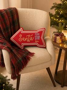 Santa Claus Please Stop Here Letter Print Decorative Throw Pillow, Red Arrow Sign Cushion, Suitable For Sofa Bench, Vintage Christmas Holiday Home Decor Accent - Multicolor - View 3