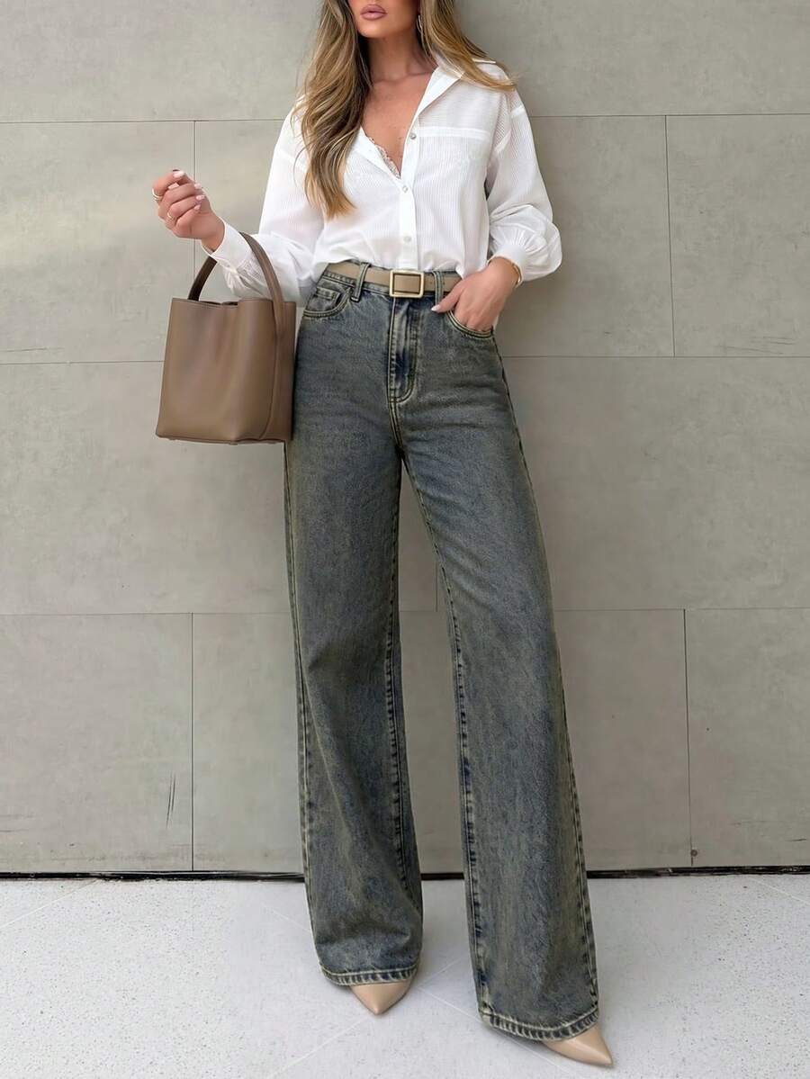 Vintage Grey Distressed Washed Mid-Waist Wide Leg Jeans For Women, Classic 5-Pocket Loose Drape American Retro Casual Denim Pants
