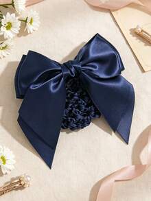 1pc Double Layer Bow Ribbon Mesh Hair Clip, Hair Accessory, Solid Color Bohemian Zinc Alloy, Suitable For All Seasons - Navy Blue - View 2