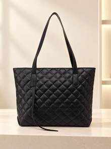 1pc Women's Quilted Diamond Tote Bag, Large Capacity Commuter Shoulder Bag, Minimalist Elegant Black Daily Handbag - M591 - View 2