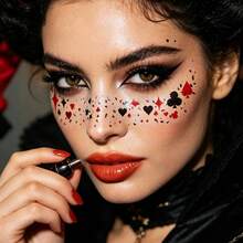 6PCS Halloween Poker Card Suit Face Temporary Tattoo Stickers, Heart Spade Club Diamond Playing Card Symbols Face Decals, Sparkly Poker Pattern Face Stickers For Cosplay, Halloween Costume, Carnival Party Makeup Accessories - Multicolor - View 6