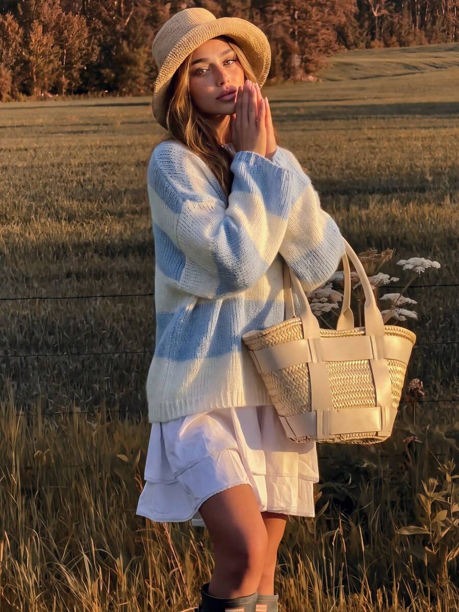 Fall Wide Striped Drop Shoulder Colorblock Crew Neck Coastal Cowgirl Boho Knit Sweater