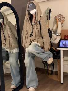 Vintage Hooded Horn Button Cable Knit Cardigan Women Autumn/Winter Loose Sweater Jacket - Khaki - View 8