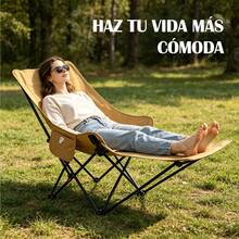 Silla Luna Plegable de Camping con Apoyapiés, Respaldo Ajustable en 4 Niveles, Silla Reclinable Portátil con Bolsillo Lateral, para Amantes del Aire Libre, Ideal para Camping, Picnic y Jardín - Caqui - Ver 7