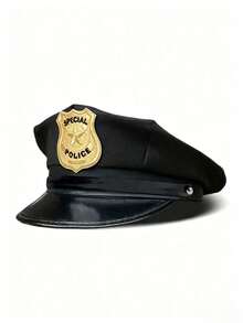 Police Costume Accessory Set For Women, Black Police Hat, Flat Top Octagonal Cap, Tie, Police Badge, Walkie Talkie, Halloween Prop - Black and Gold - View 6