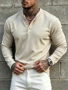 Men's Solid Color Waffle Knit Henley Long Sleeve T-Shirt, Double-Breasted Placket Slim Fit Ribbed Texture Casual Top, Suitable For Spring And Autumn - Apricot - View 2