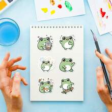 56Pcs Kawaii Frog Life Stickers- Green Frogs Reading, Drumming & Eating With Cute Expressions, Cute Vinyl Decals For Journal, Laptop & DIY Crafts - Multicolor - View 7
