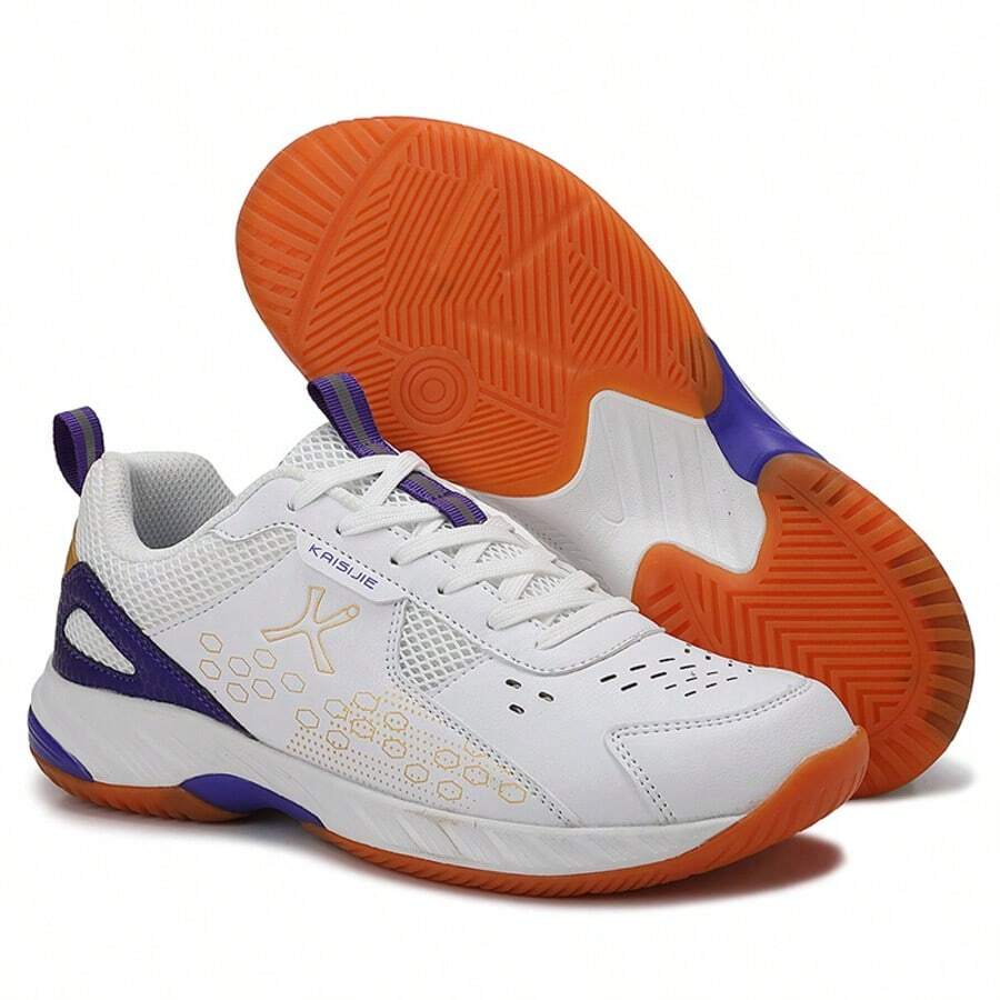 Men's Lace-Up Badminton Shoes, Breathable Mesh Upper, Indoor Court Training Sports Shoes - White-purple - View 1
