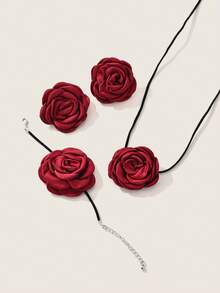 Valisandre 4pcs Set Women's Vintage Gothic Black Rose Flower Choker Necklace, Satin Rose Rope Necklace, Bracelet & Earrings Jewelry Set - Burgundy - View 5