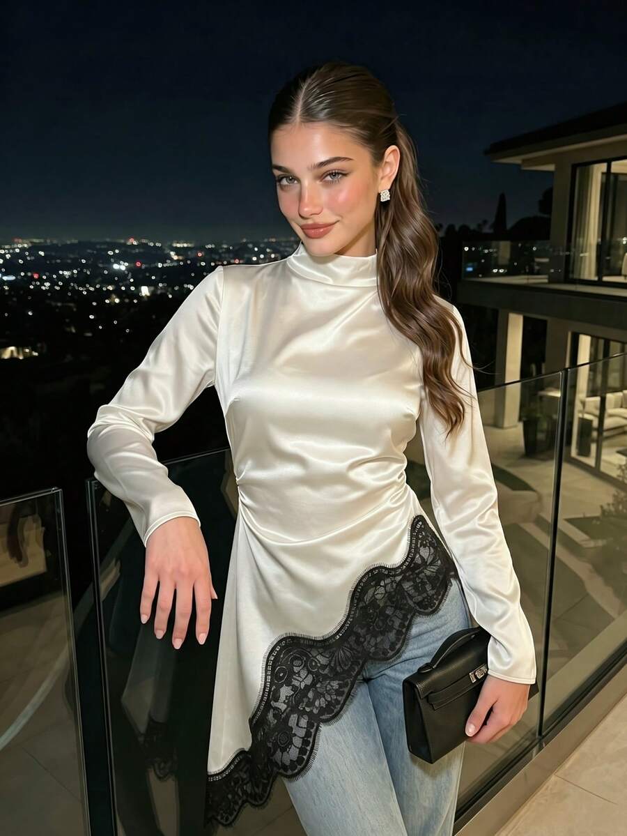 Women Mock Neck Satin Long Sleeve Top, Asymmetrical Hem Contrast Lace Trim Ruched Slim Elegant Blouse - Apricot - View 1