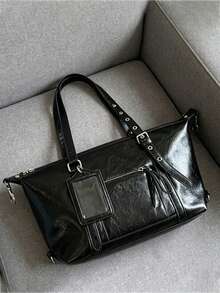 Distressed Glossy Black Oil Wax Leather Boston Large Capacity Bag, Vintage Cracked Texture With Adjustable Silver Buckle Shoulder Strap, Built-In Transparent Card Slot And Multiple Compartments, Suitable For Commuting, Laptop, Street Wear And Miscellaneous Items, Cool Practical And Versatile - Black - View 4