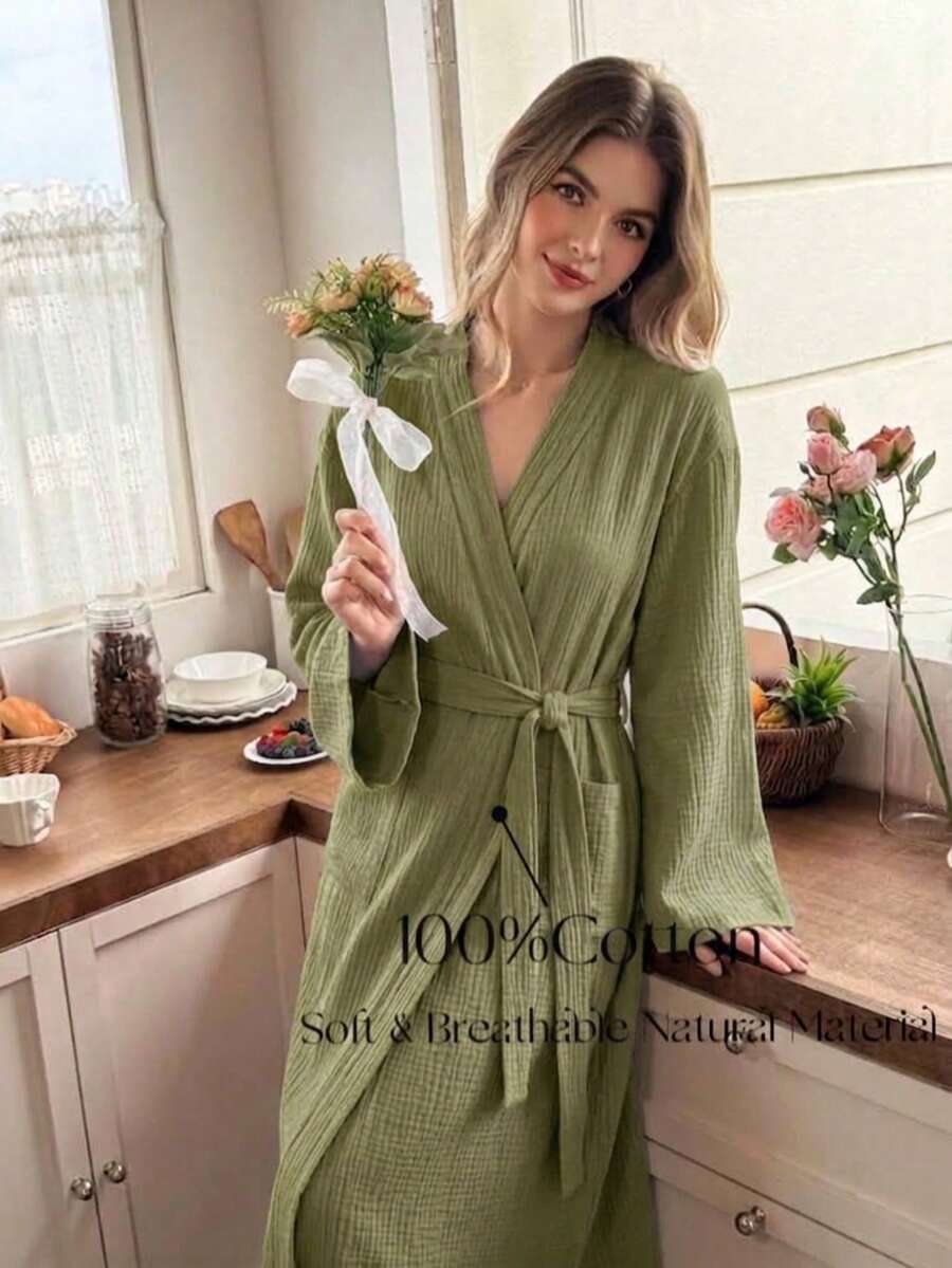 1件女款休閒浴袍，柔軟舒適棉質網眼雙層浴袍，居家浴袍，睡衣，適合春夏秋冬