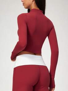 NcmRyu Women's 1pc Solid Color Stand Collar Zipper Thumb Hole Cuff Short Jacket Coat, Autumn/Winter - Red - View 3