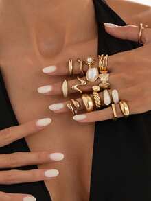 1 Set 15pcs Fashion Sweet Cool Style Sunflower Faux Pearl Metallic Glossy Water Drop Stackable Ring Set Suitable For Women Daily Wear, Vacation, Party - Gold - View 3