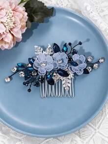 Sisir Rambut Pengantin Motif Bunga Biru Romantis, Aksesori Rambut Daun Perak Kristal & Manik-manik, Cocok Untuk Pengantin Wanita, Pengiring Pengantin, Pernikahan, Pesta Topeng & Acara Formal - Biru - View 4