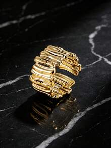 SEEKGLEE 1pc Asymmetrical Pleated Texture Wide Mouth Exaggerated Ring, Gold-Plated 316 Stainless Steel Adjustable Finger Jewelry - Yellow Gold - View 1
