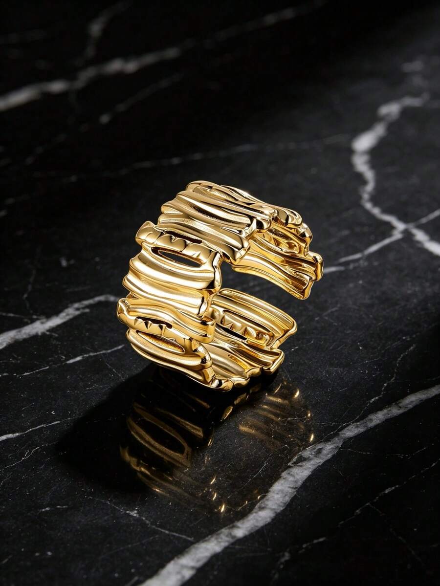SEEKGLEE 1pc Asymmetrical Pleated Texture Wide Mouth Exaggerated Ring, Gold-Plated 316 Stainless Steel Adjustable Finger Jewelry - Yellow Gold - View 1