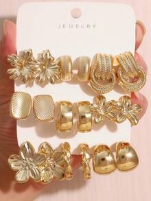 6-18PCS Gold Fashionable Elegant Earring Set, 3D Flower Glossy C-Shaped Design, Suitable For Daily Casual, Commute, Vacation, Wedding Wear - Gold - View 12